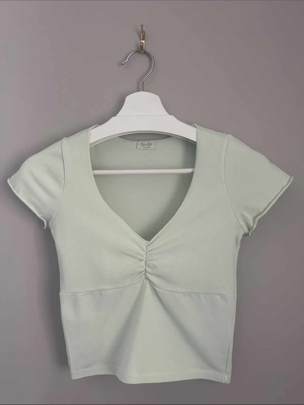Brandy Melville John Galt Light Sage V-Neck Ruched Short Sleeve Top